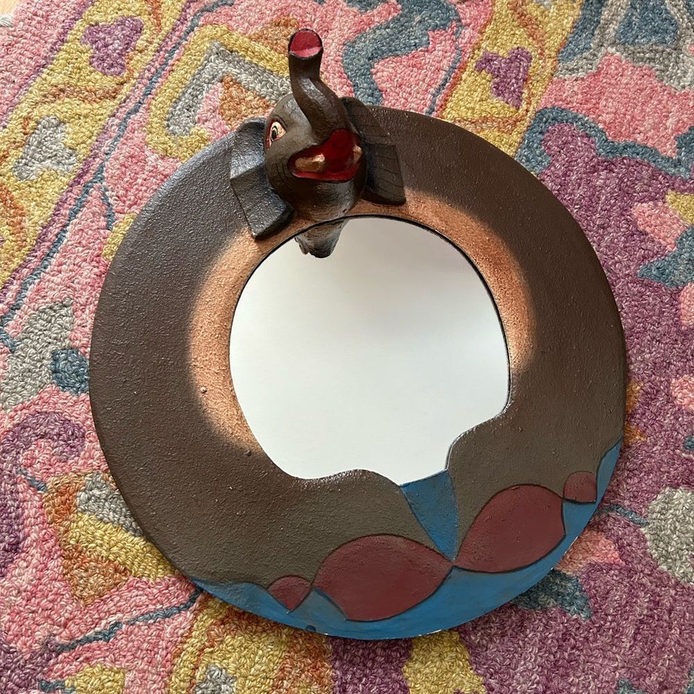 Vintage 15" Elephant Brown and Blue Mirror Made in Indonesia